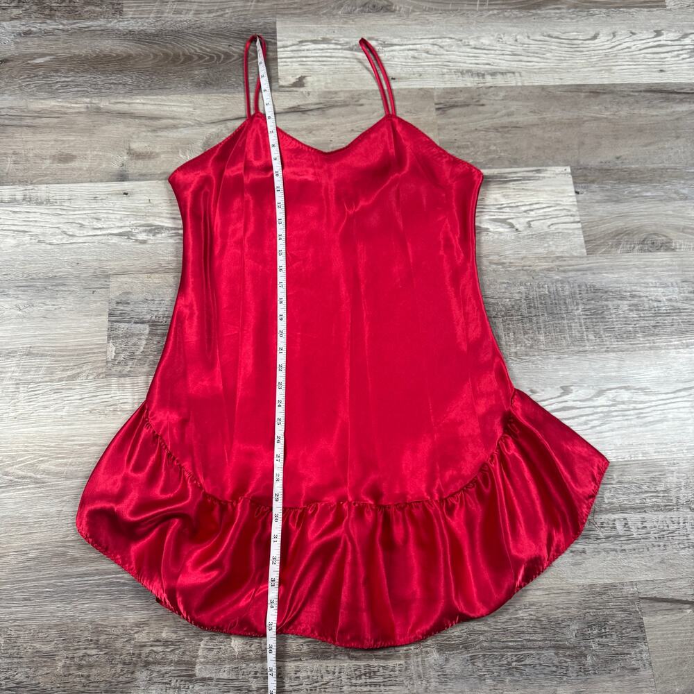 Vintage 90s Red Satin Slip Dress Ruffle Hem Nightgown Coquette Boudoir Y2K M - Picture 6 of 6